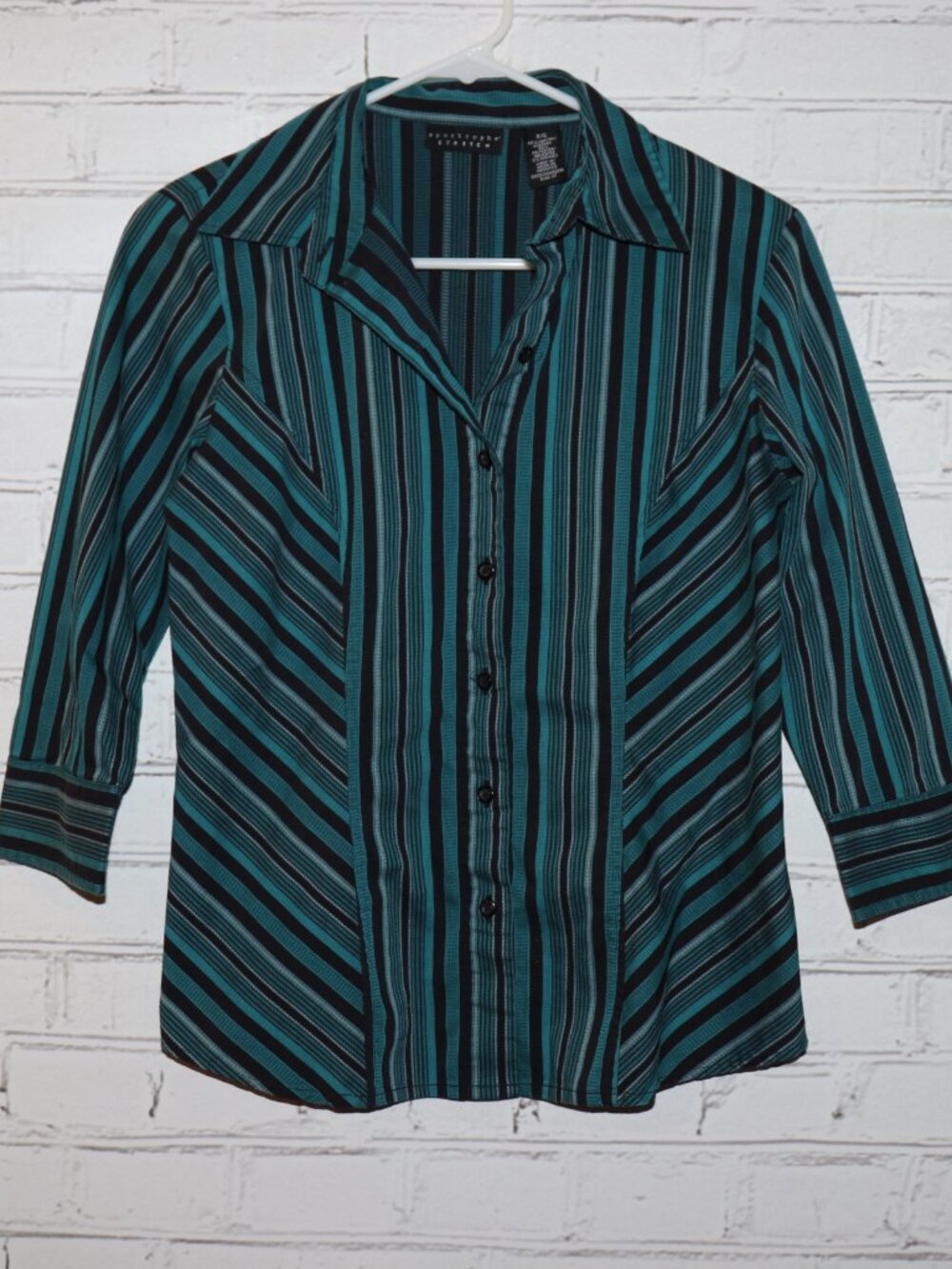 💙 Striped Button‑Up Blouse · Women’s Small · Teal, Black & Gray